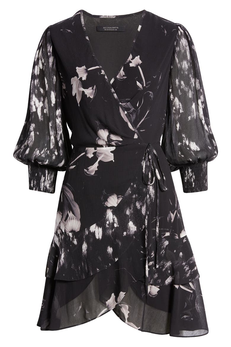Ari Pauline Floral Print Faux Wrap Dress, Alternate, color, BLACK