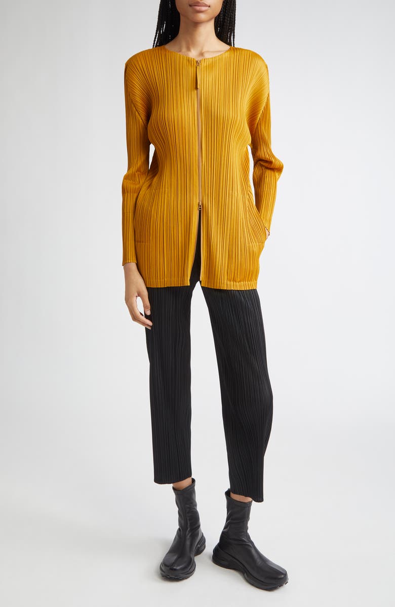 Pleats Please Issey Miyake Monthly Colors September Pleated Longline Zip Jacket, Alternate, color, Ocher