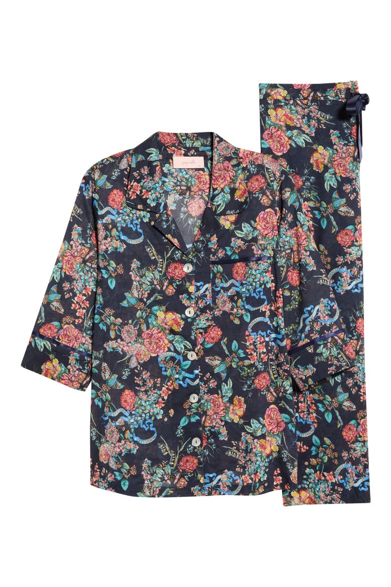 Layla Floral Crop Cotton Voile Pajamas, Alternate, color, NAVY