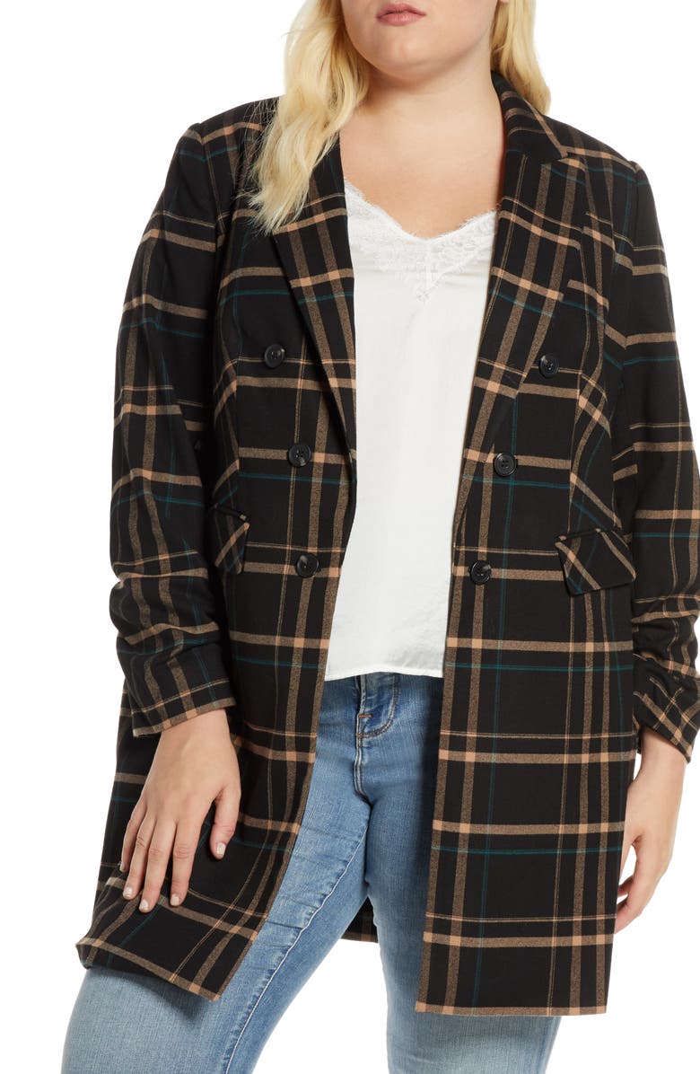 1.STATE Dynamite Plaid Ruched Sleeve Blazer, Main, color, 