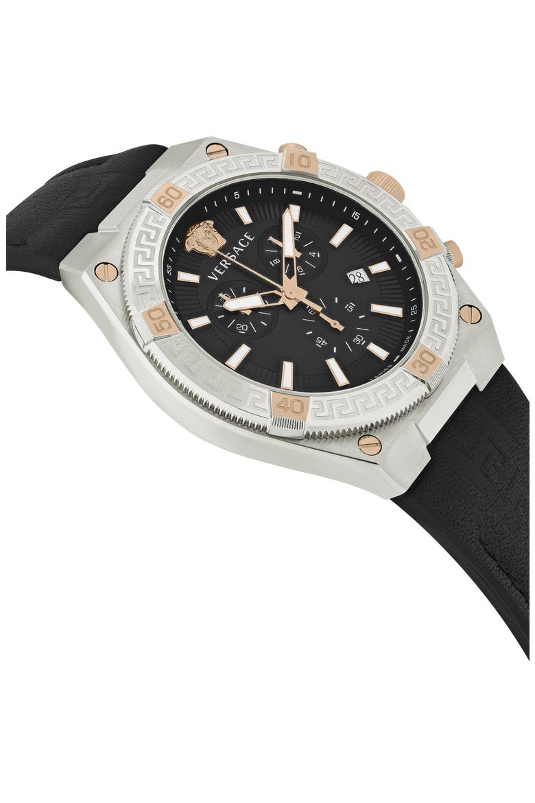 V-Sporty Greca Chronograph Leather Strap Watch, 46mm, Alternate, color, STAINLESS STEEL