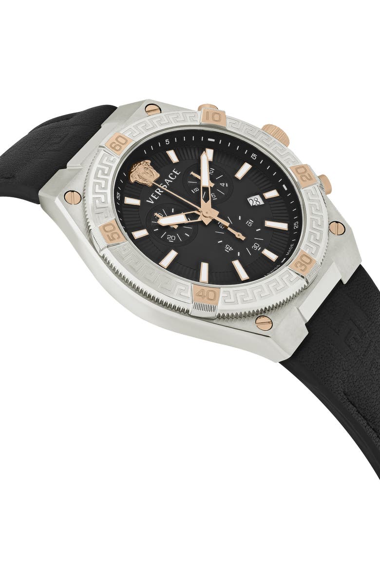 Versace V-Sporty Greca Chronograph Leather Strap Watch, 46mm, Alternate, color, Stainless Steel