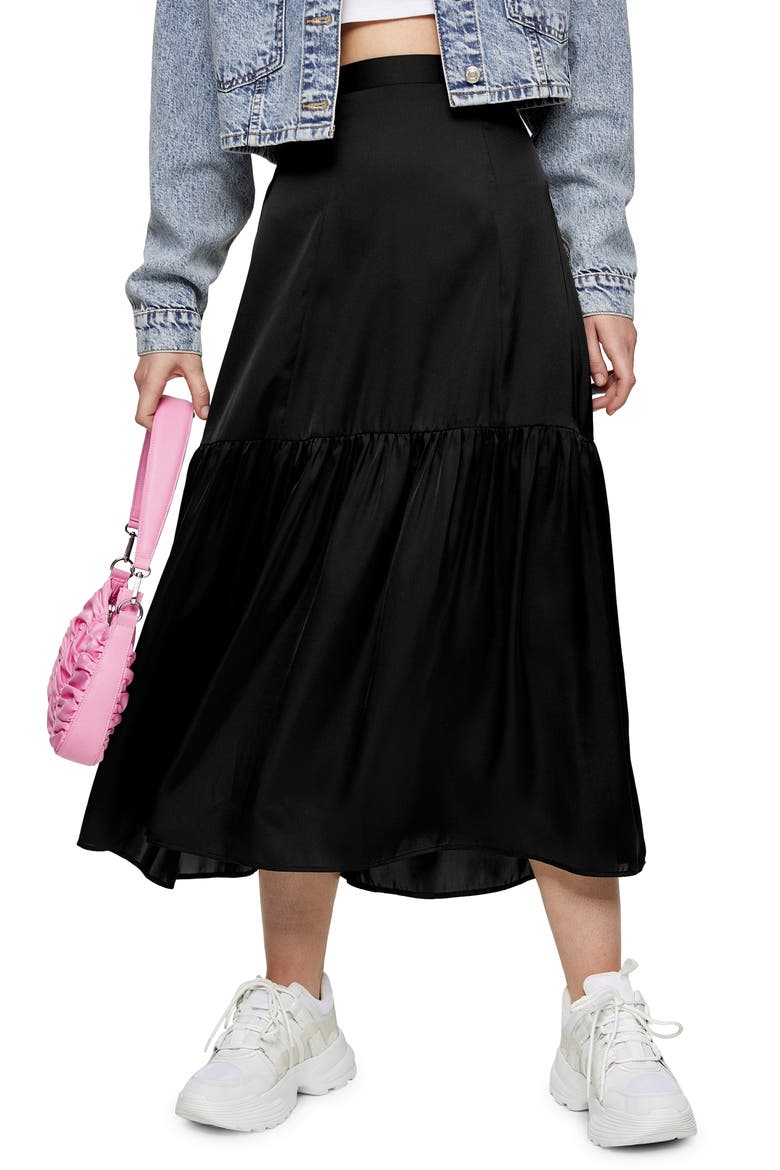 Satin Tiered Midi Skirt, Main, color, BLACK