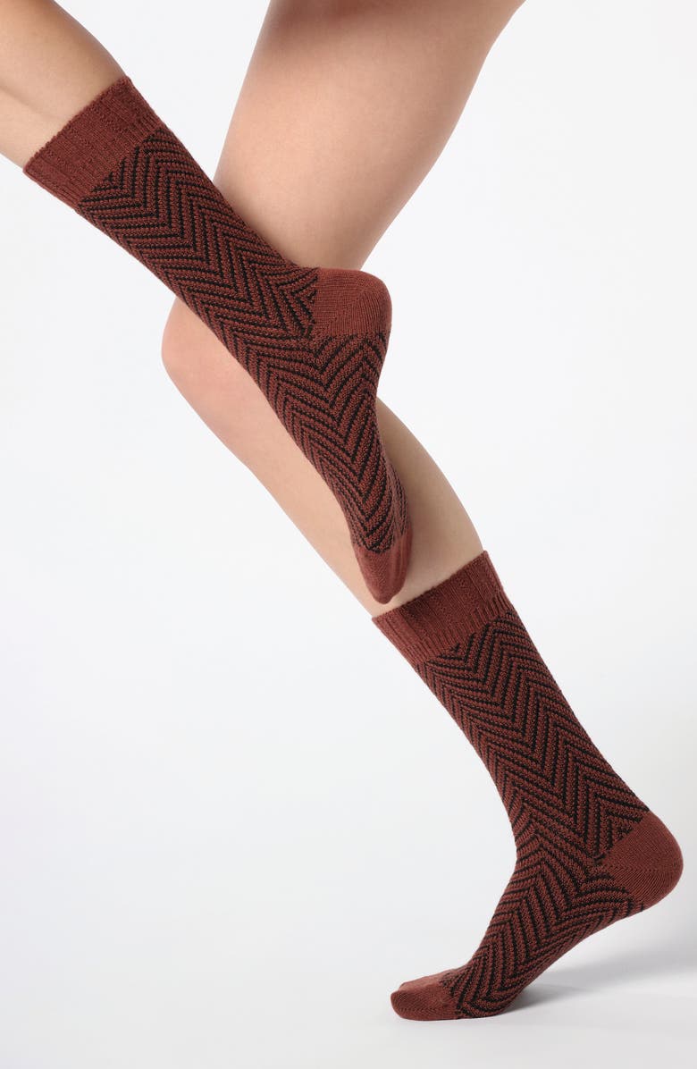 Oroblu Herringbone Crew Socks, Main, color, Cacao/ Black
