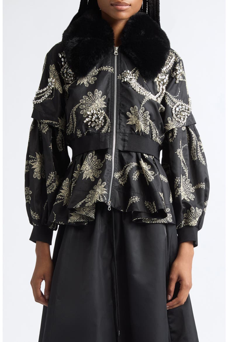 Armelle Paisley Fan Embroidered Jacket with Faux Fur Collar, Main, color, BLACK/ GARDENIA