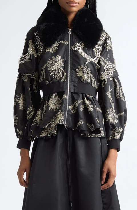 Armelle Paisley Fan Embroidered Jacket with Faux Fur Collar