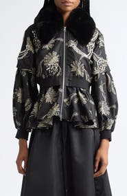 Cinq à Sept Armelle Paisley Fan Embroidered Jacket with Faux Fur Collar
