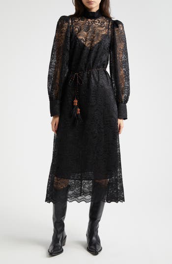 Farm Rio Lace Tie Belt Long Sleeve Dress In Black