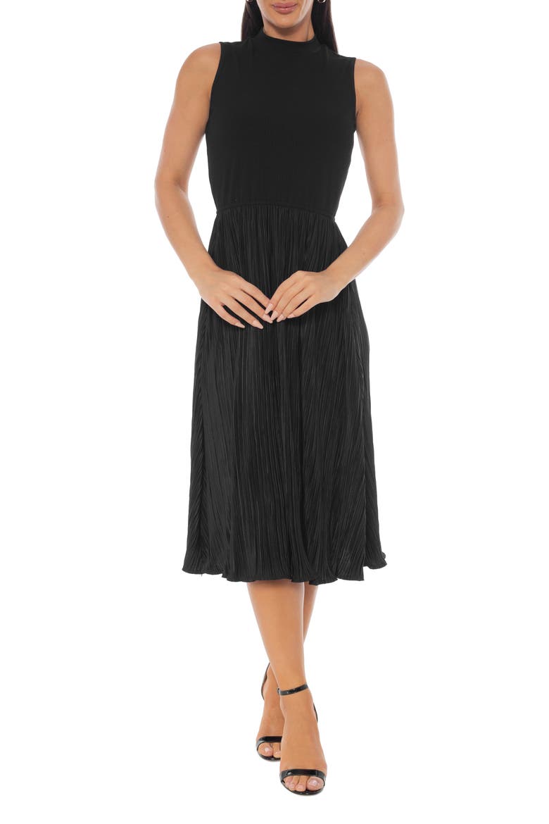Pleated Knit A-Line Midi Dress, Main, color, BLACK