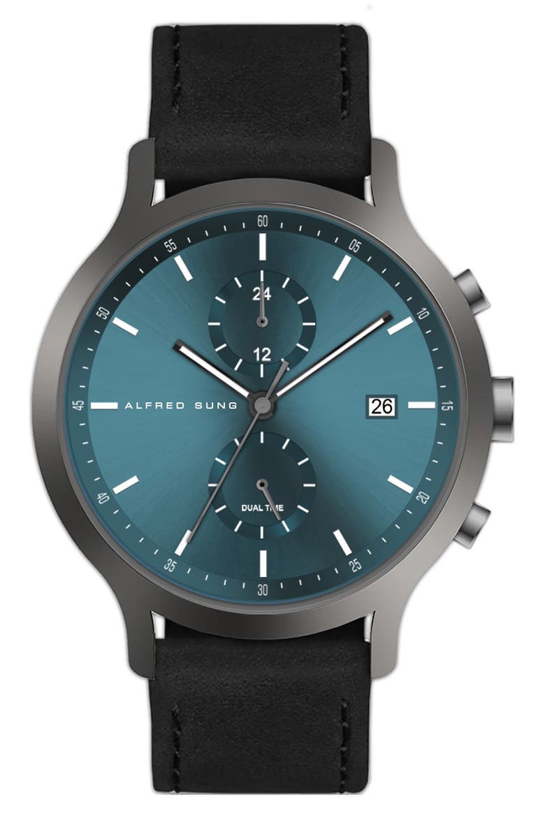 Dual Time Leather Strap Watch, 42.5mm, Main, color, BLUE