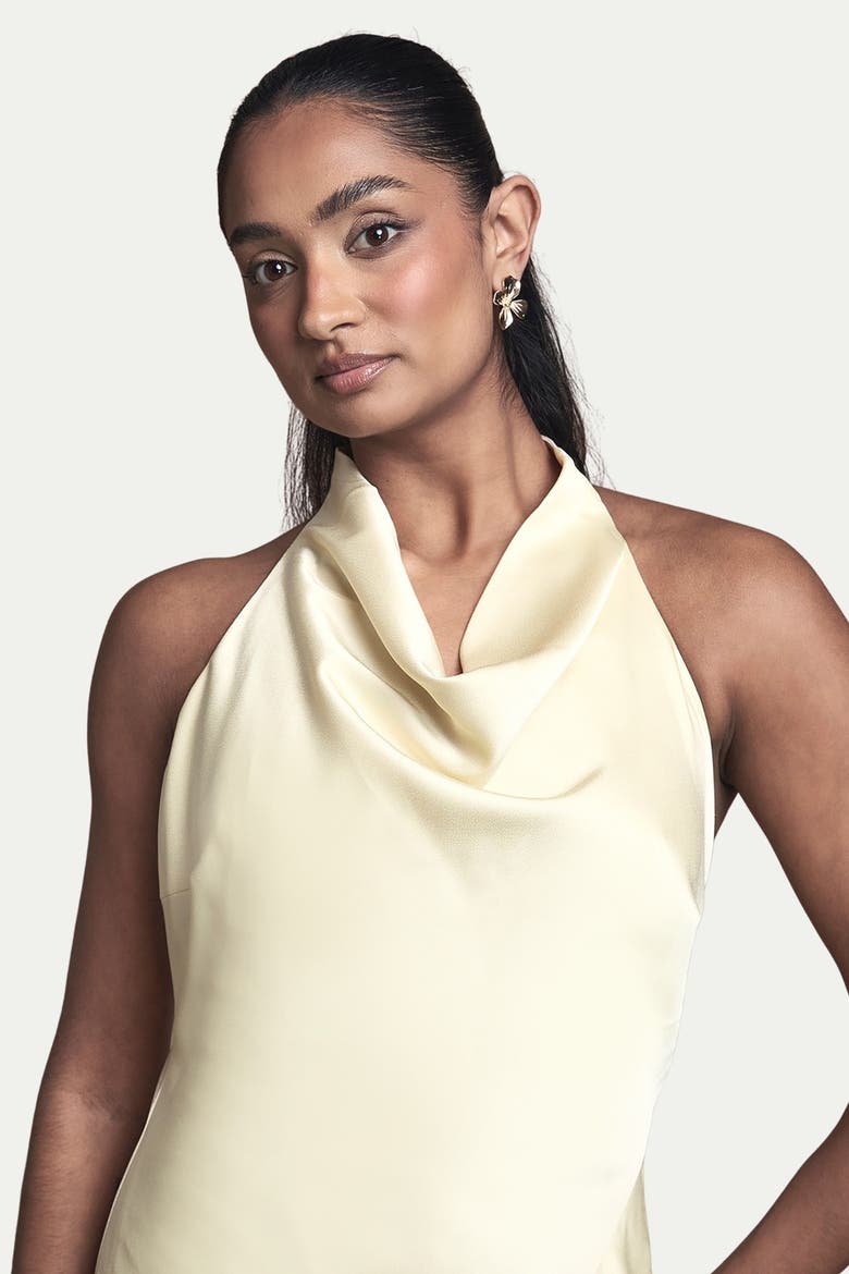 Cowl Halterneck Satin Bridesmaid Dress, Alternate, color, Lemon