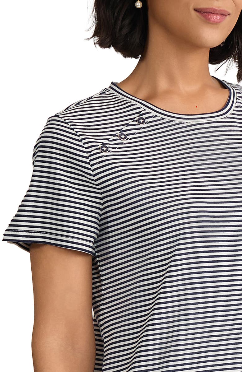 Jones New York Button Shoulder Stripe Stretch Cotton T-Shirt, Alternate, color, Pacific Navy/Natural White