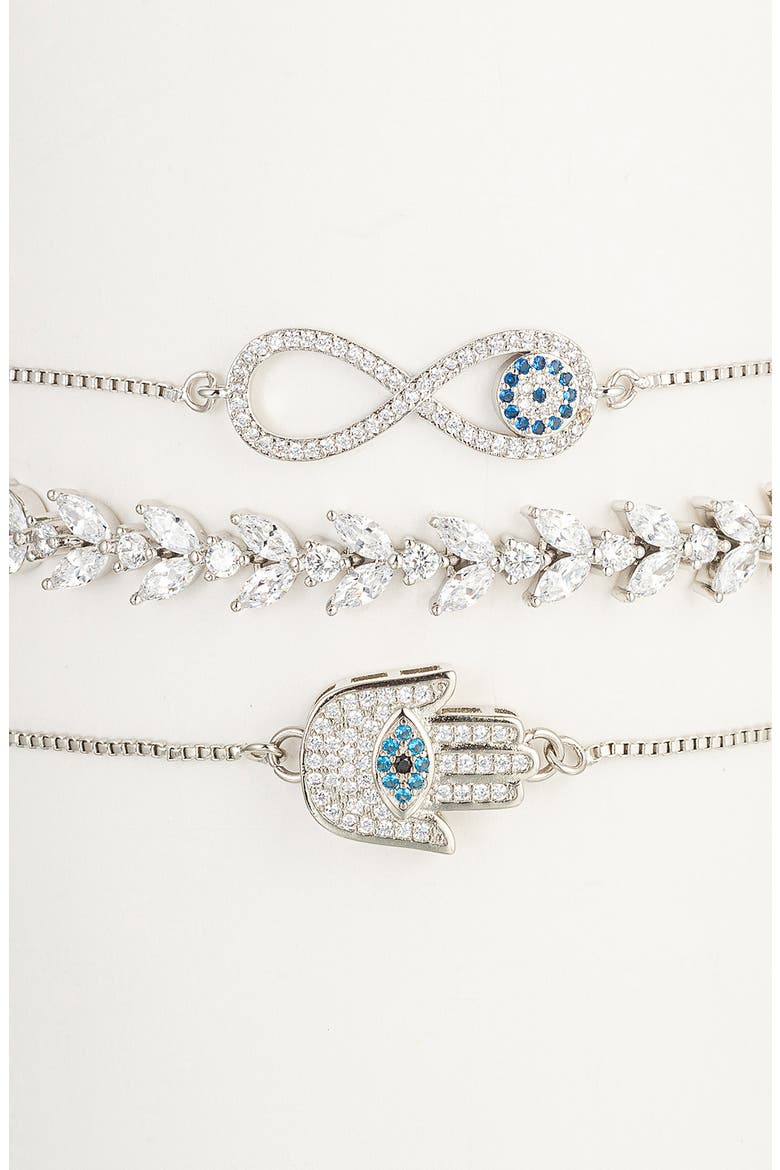 Set of 3 CZ Hamsa, Infinity & Tennis Chain Bolo Bracelets, Main, color, SILVER
