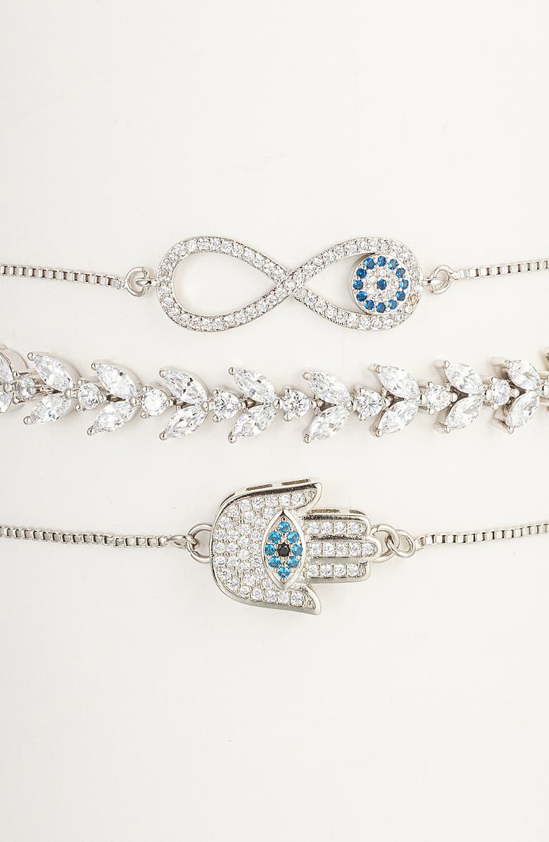 EYE CANDY LOS ANGELES Set of 3 CZ Hamsa, Infinity & Tennis Chain Bolo Bracelets, Main, color, 