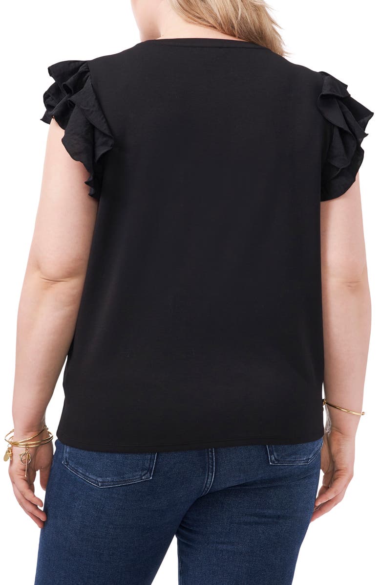 Vince Camuto Mixed Media Tiered Ruffle Sleeve Top, Alternate, color, Rich Black