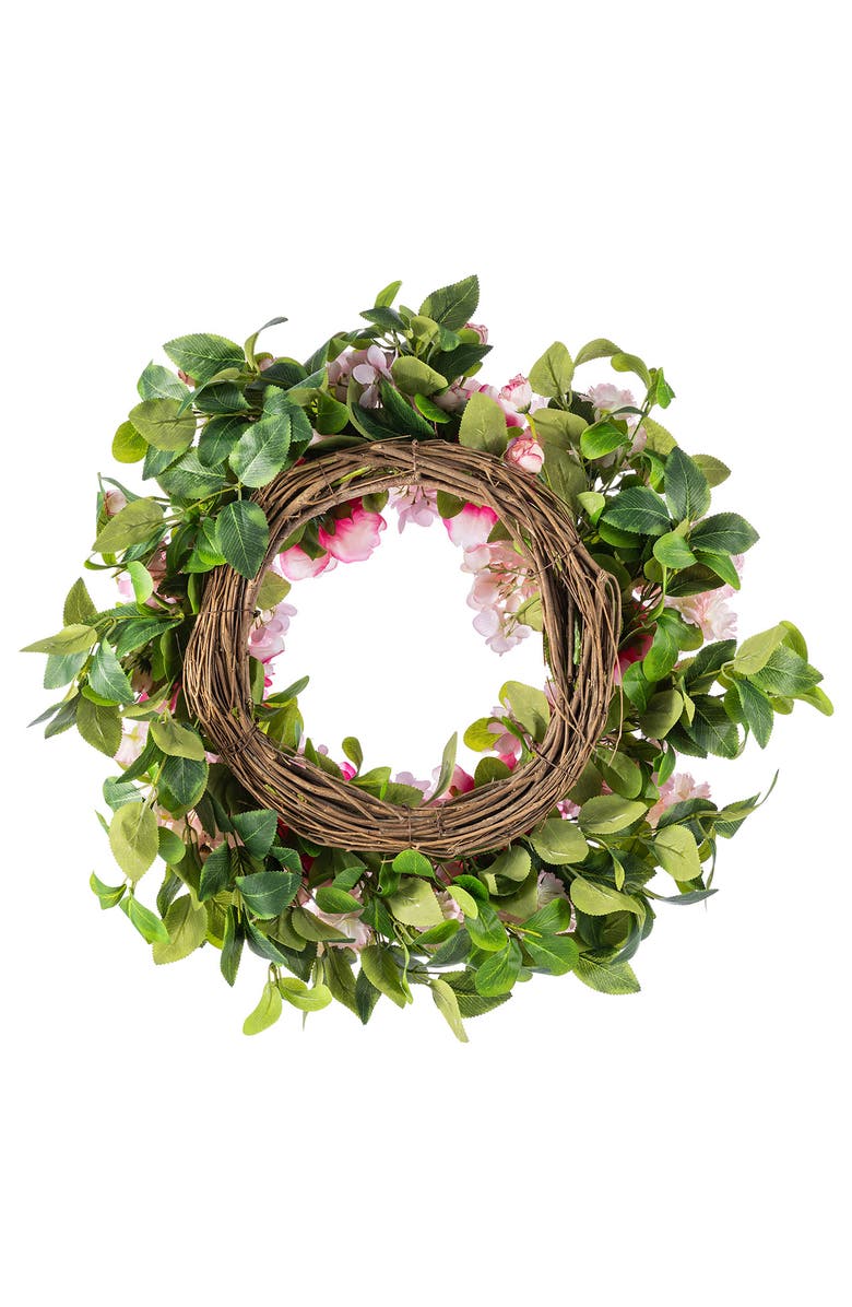 Glitzhome 24"D Hydrangea Peony & Cherry Wreath with a Wreath Hanger, Alternate, color, Pink