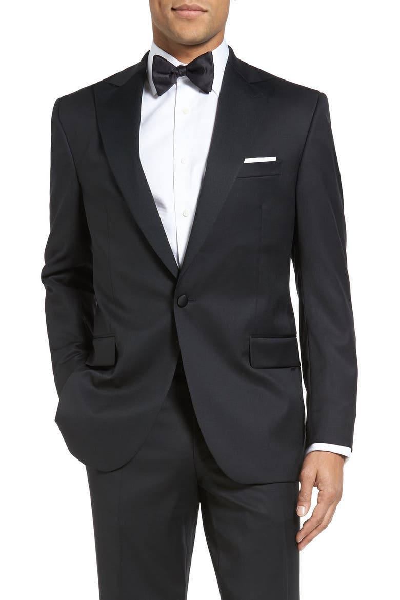 Russell Classic Fit Loro Piana Wool Peaked Lapel Tuxedo, Alternate, color, BLACKDNU