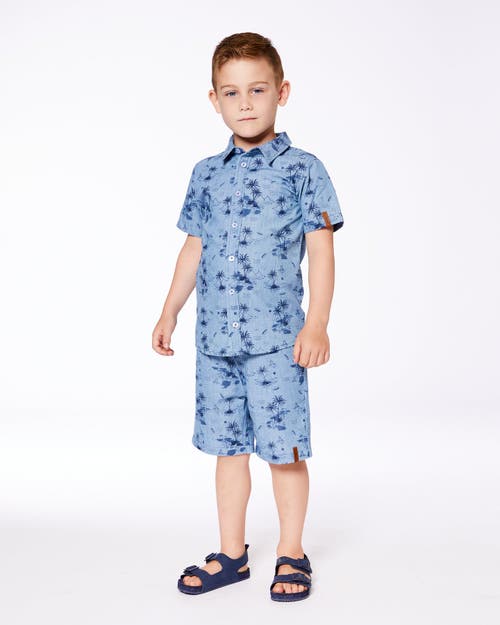 Deux Par Deux Boy's Printed Chambray Short Sleeve Shirt Pale Blue And Navy In Pale Blue And Navy