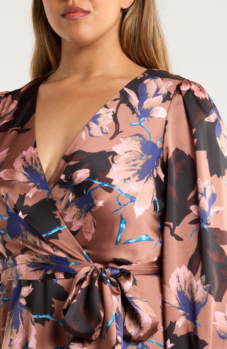 Tahari ASL Floral Long Sleeve Satin Faux Wrap Dress, Alternate, color, Mauve Floral
