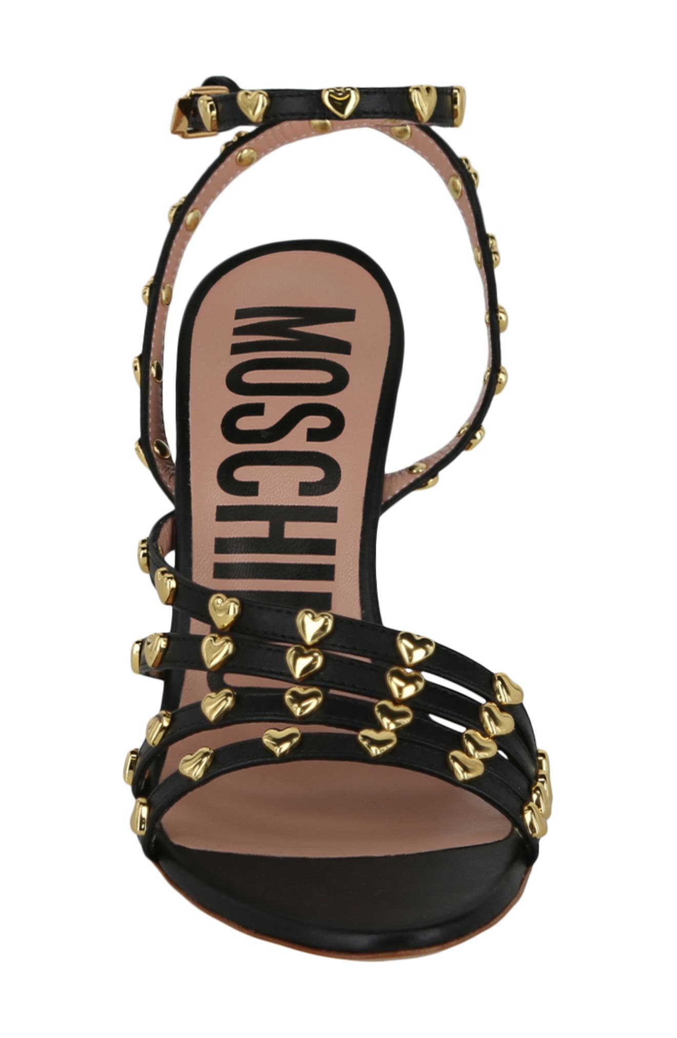 Moschino Heart Studded Sandal, Alternate, color, Black