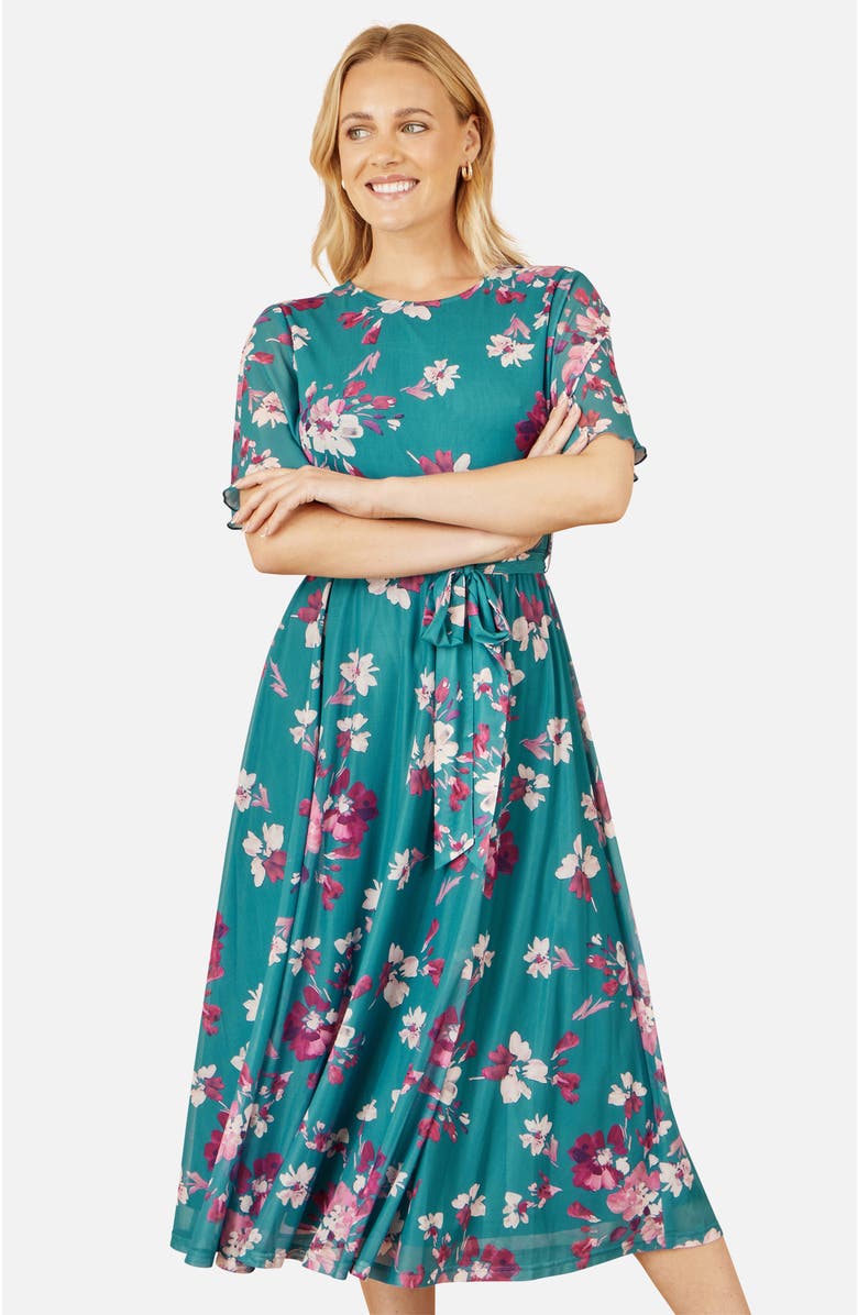 Yumi Mesh Skater Floral Midi Dress, Alternate, color, Teal