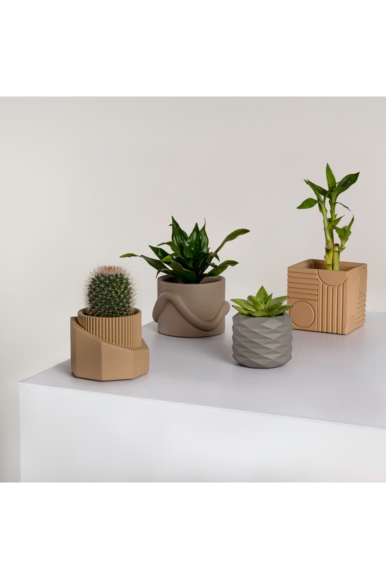 Romy Modern Minimalist Handmade Concrete Geometric Planter Set with Drainage Holes, Alternate, color, Terra