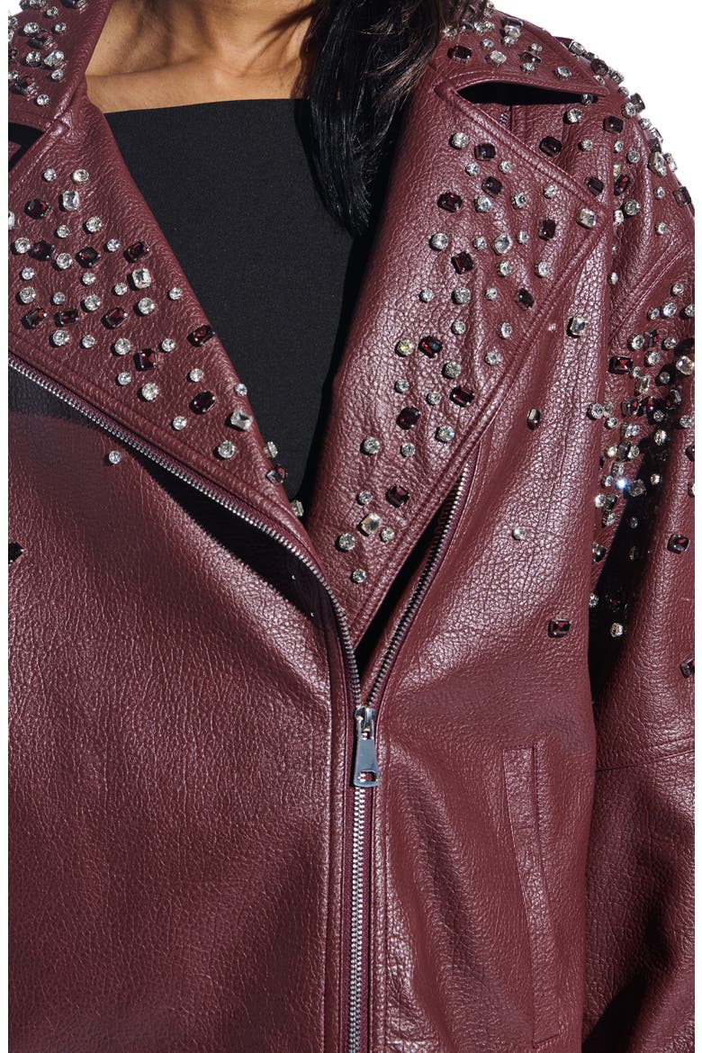 Crystal Studded Oversize Faux Leather Moto Jacket, Alternate, color, BURGUNDY