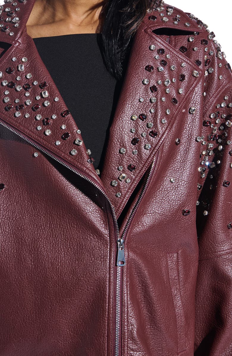 AZALEA WANG Crystal Studded Oversize Faux Leather Moto Jacket, Alternate, color, Burgundy