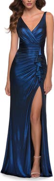 La Femme Gorgeous Metallic Jersey Gown with Ruffle Detail