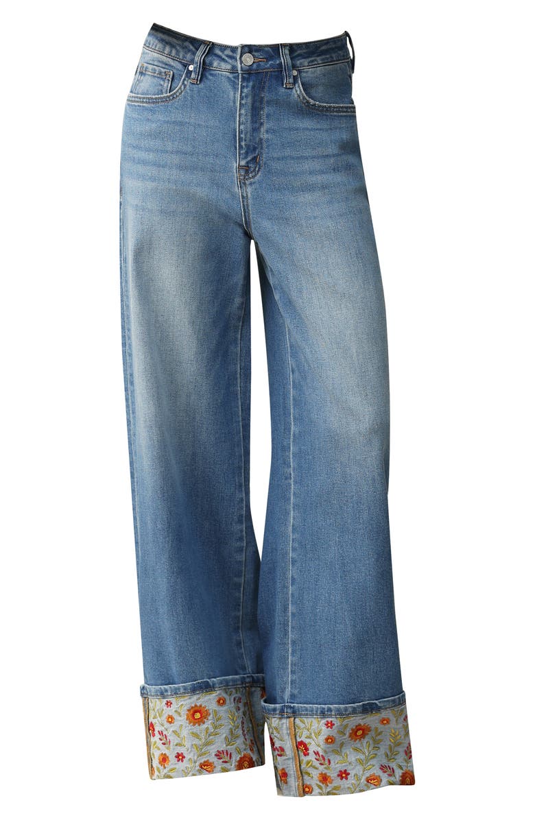 Bayeas Floral Embroidered High Waist Cuffed Wide Leg Jeans, Alternate, color, Medium Blue