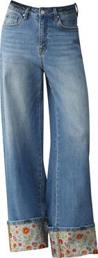 Bayeas Floral Embroidered High Waist Cuffed Wide Leg Jeans