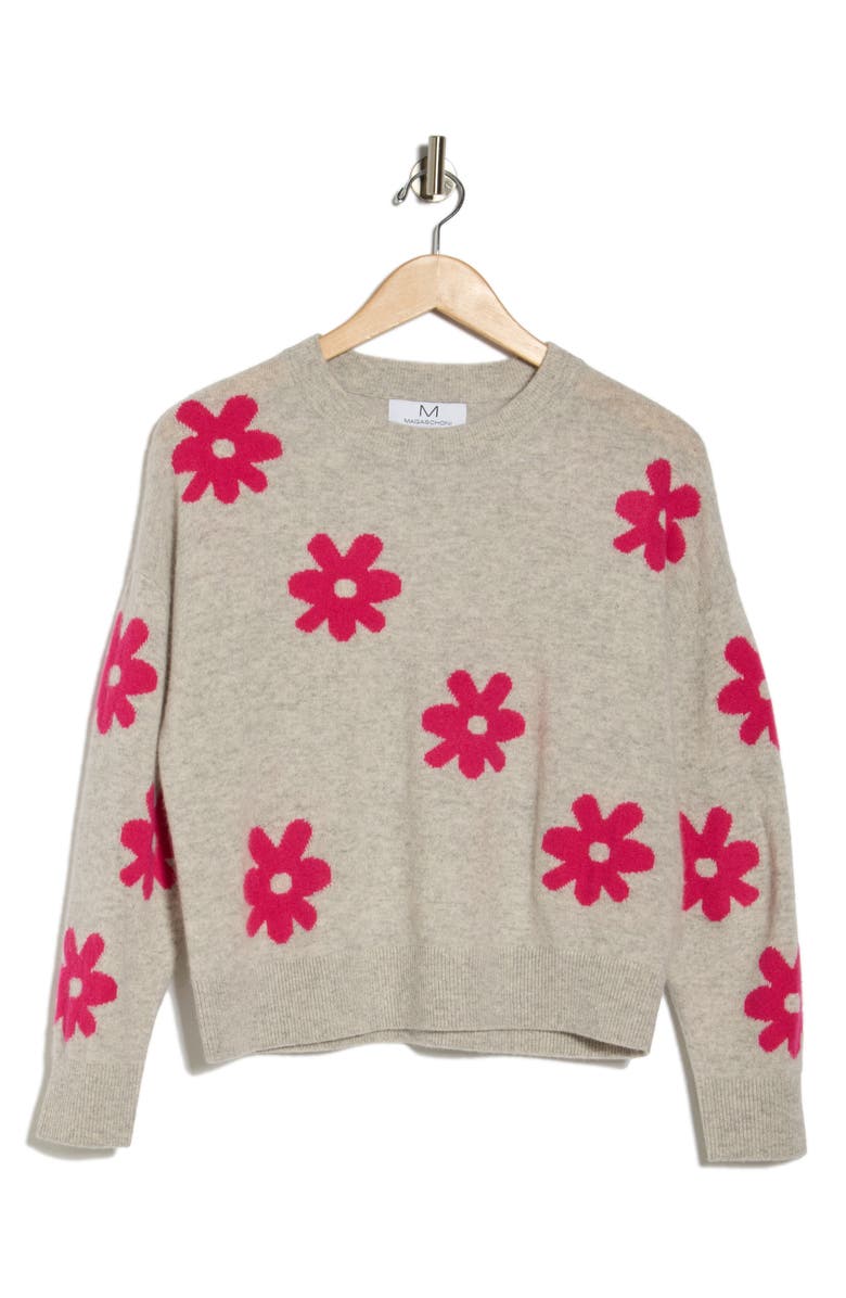 Magaschoni Floral Jacquard Cashmere Sweater, Alternate, color, Grey Tint Heather / Pink Peony