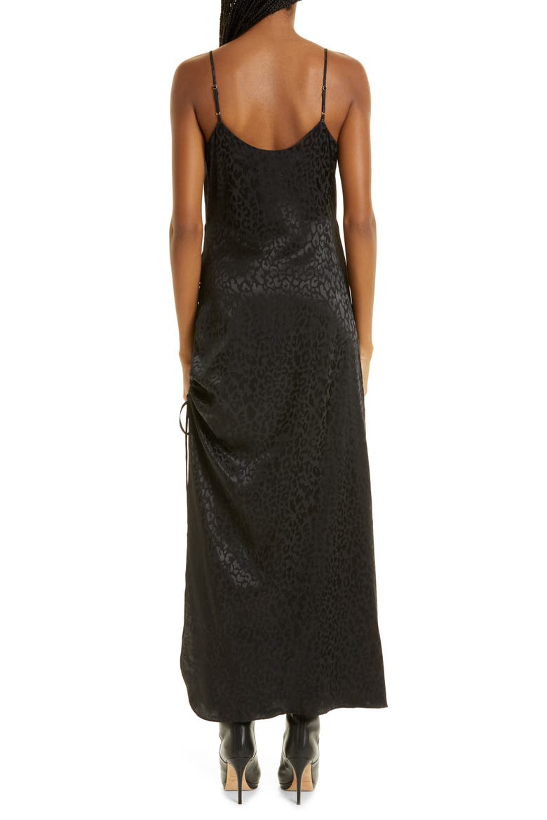 Cinched Leopard Print Satin Slipdress, Alternate, color, JET BLACK
