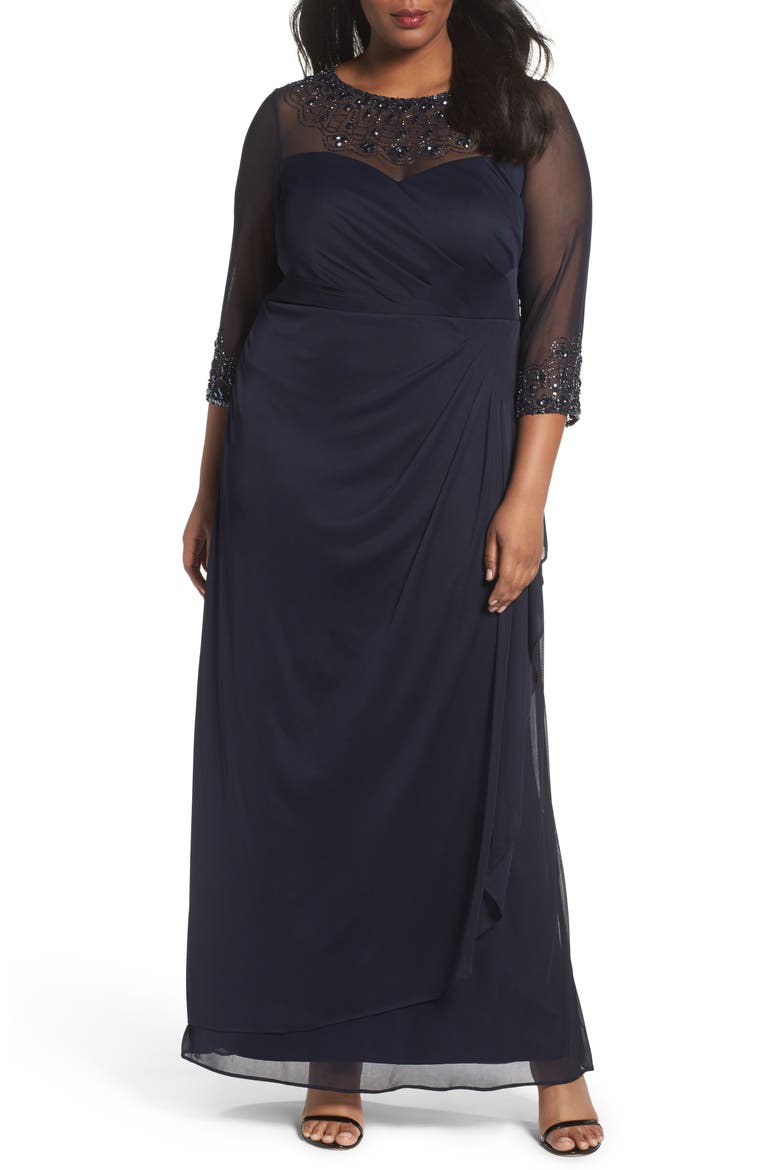 Beaded Illusion Neck A-Line Gown, Main, color, DARK NAVY