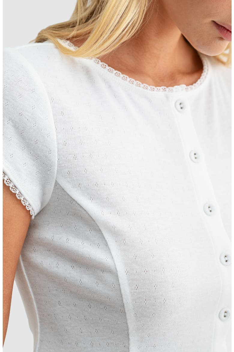 Pointelle Stitch Peplum Button-Up Top, Alternate, color, IVORY