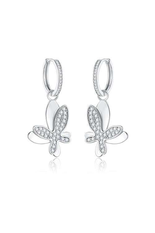 Classicharms Women's Silver Pavé Diamond Butterfly Dangle Drop Hoop Earrings In Metallic