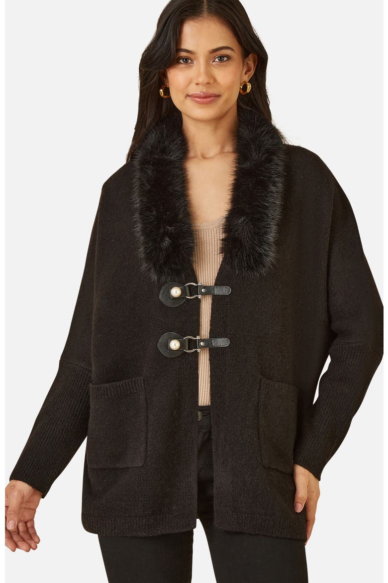 Detachable Fur Collar Trim Cardigan, Alternate, color, Black