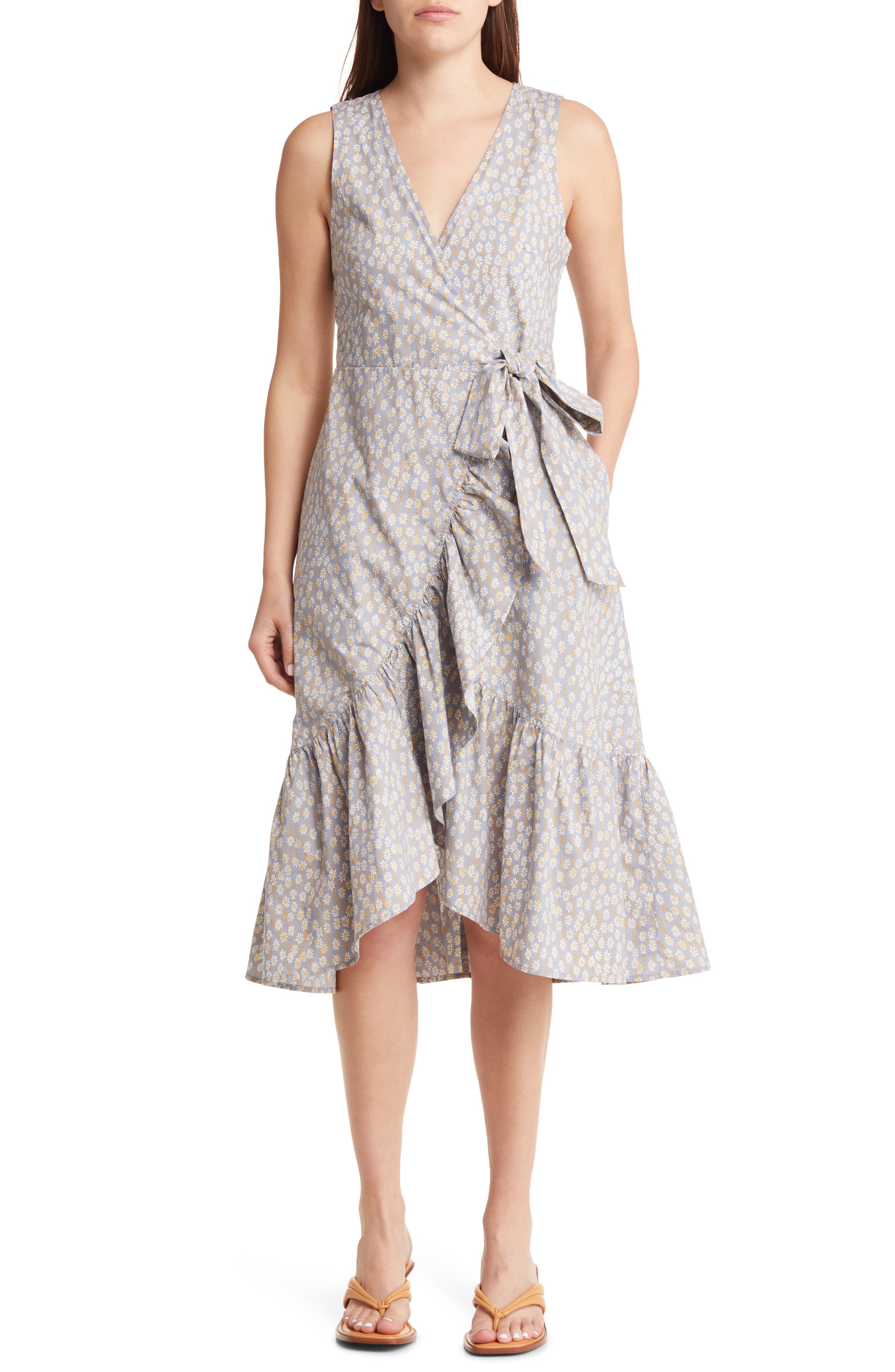 madewell ruffle trim wrap midi dress Linen-Blend Ruffle-Sleeve Wrap Midi Dress in Piazza Floral