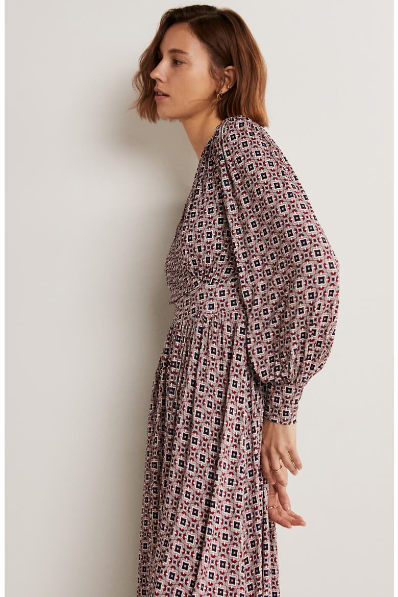 Print Long Sleeve Faux Wrap Midi Dress, Alternate, color, ALMOND PINK SQUARE