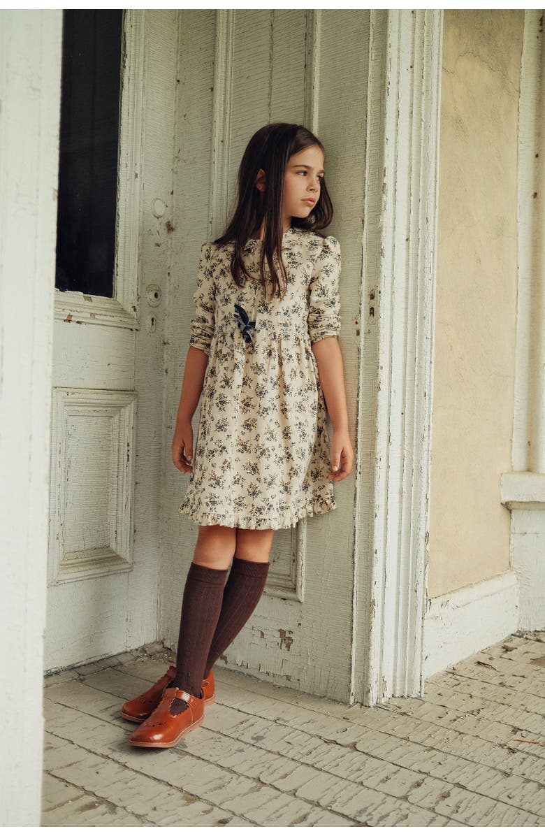 Clô Flower Print Lace Dress with Velvet Tie, Alternate, color, Grey