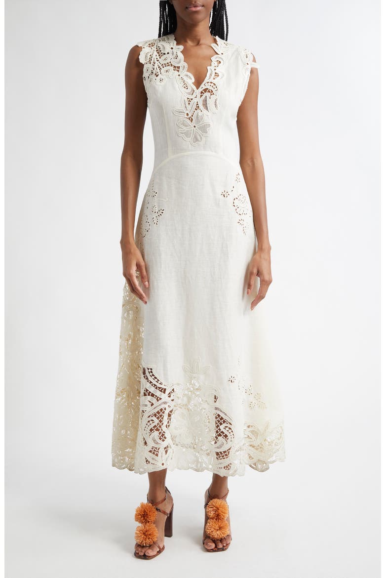 Olivette Lace & Linen Dress, Main, color, PRISTINE