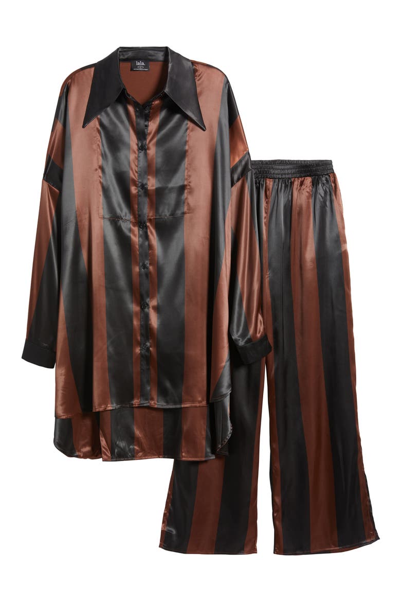 Posh Stripe Oversize Satin Button-Up Shirt & Pants Set, Alternate, color, BROWN/ BLACK STRIPE
