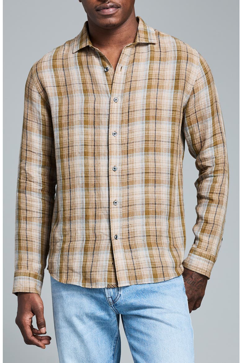 Cedar Dobby Plaid Linen Button-Up Shirt, Main, color, OLIVE MULTI