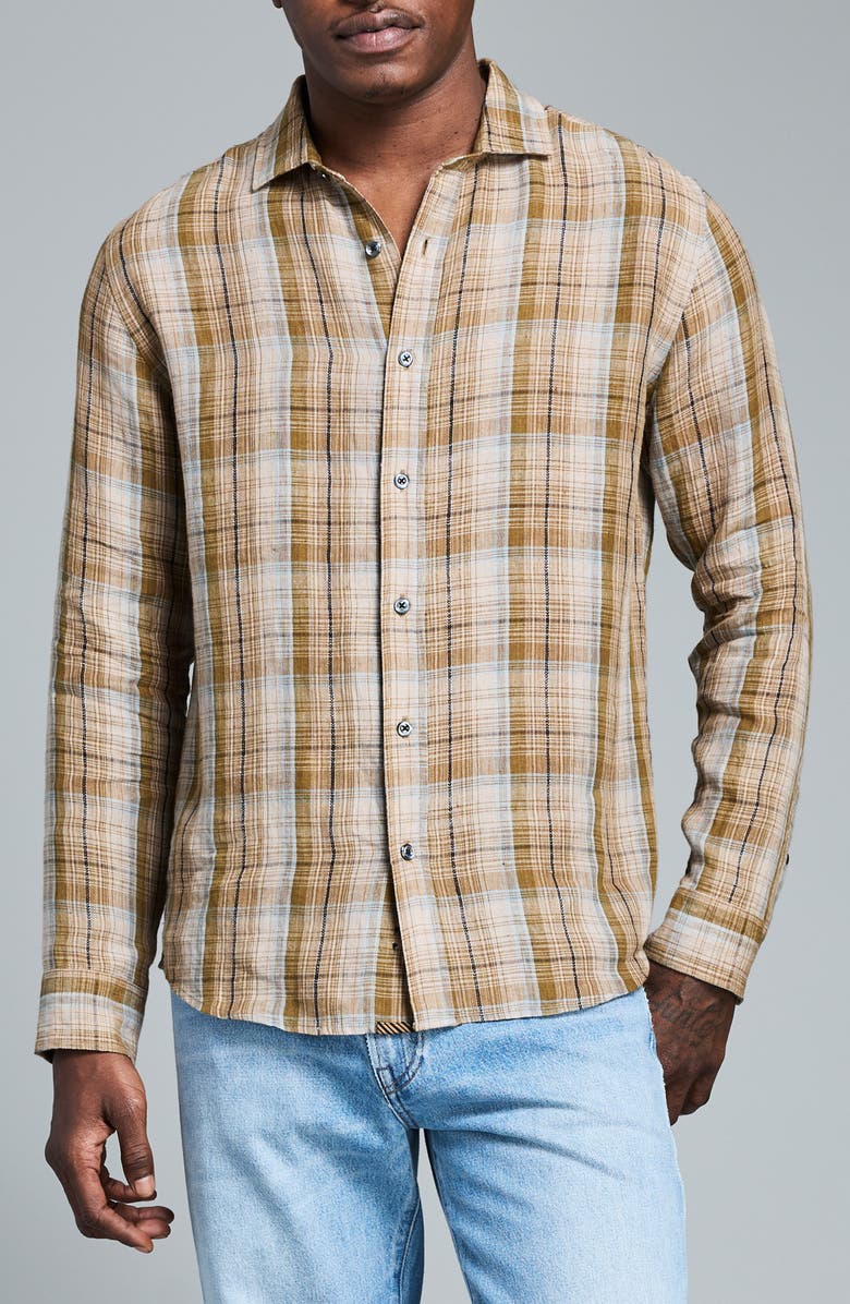 Billy Reid Cedar Dobby Plaid Linen Button-Up Shirt, Main, color, Olive Multi