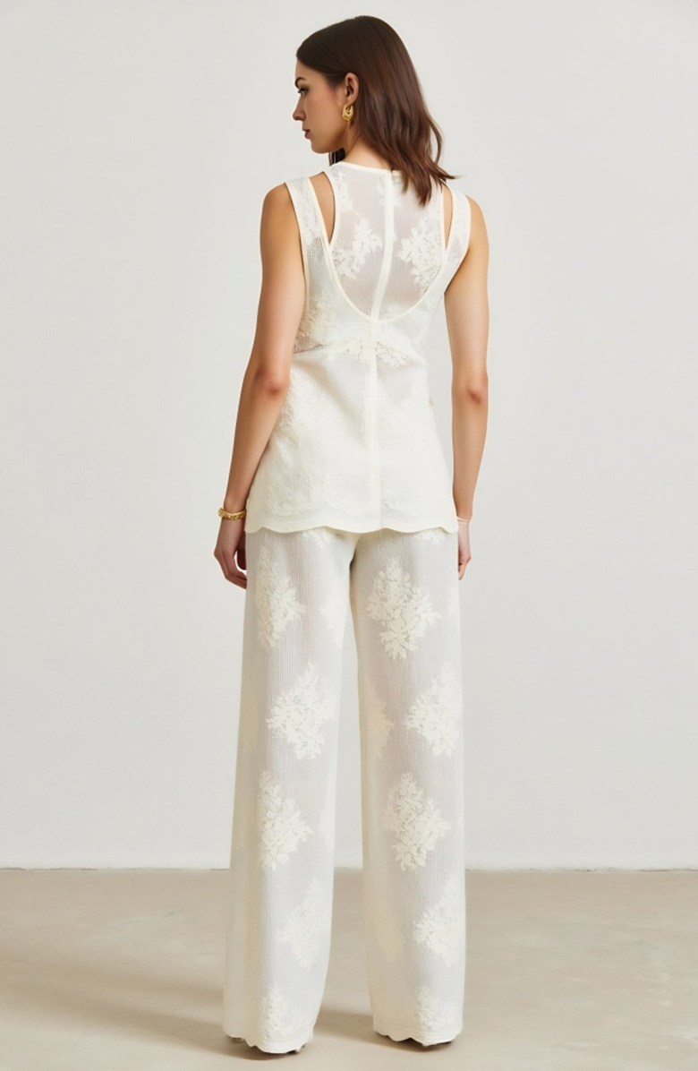 Modenaire Sleeveless Textured Top and Sheer Floral Wide-Leg Pants Set, Alternate, color,