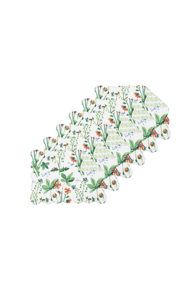 C&F Home Clover Bug Floral Scalloped Cotton Set of 6 Placemats, 13" x 19", Alternate, color, Green
