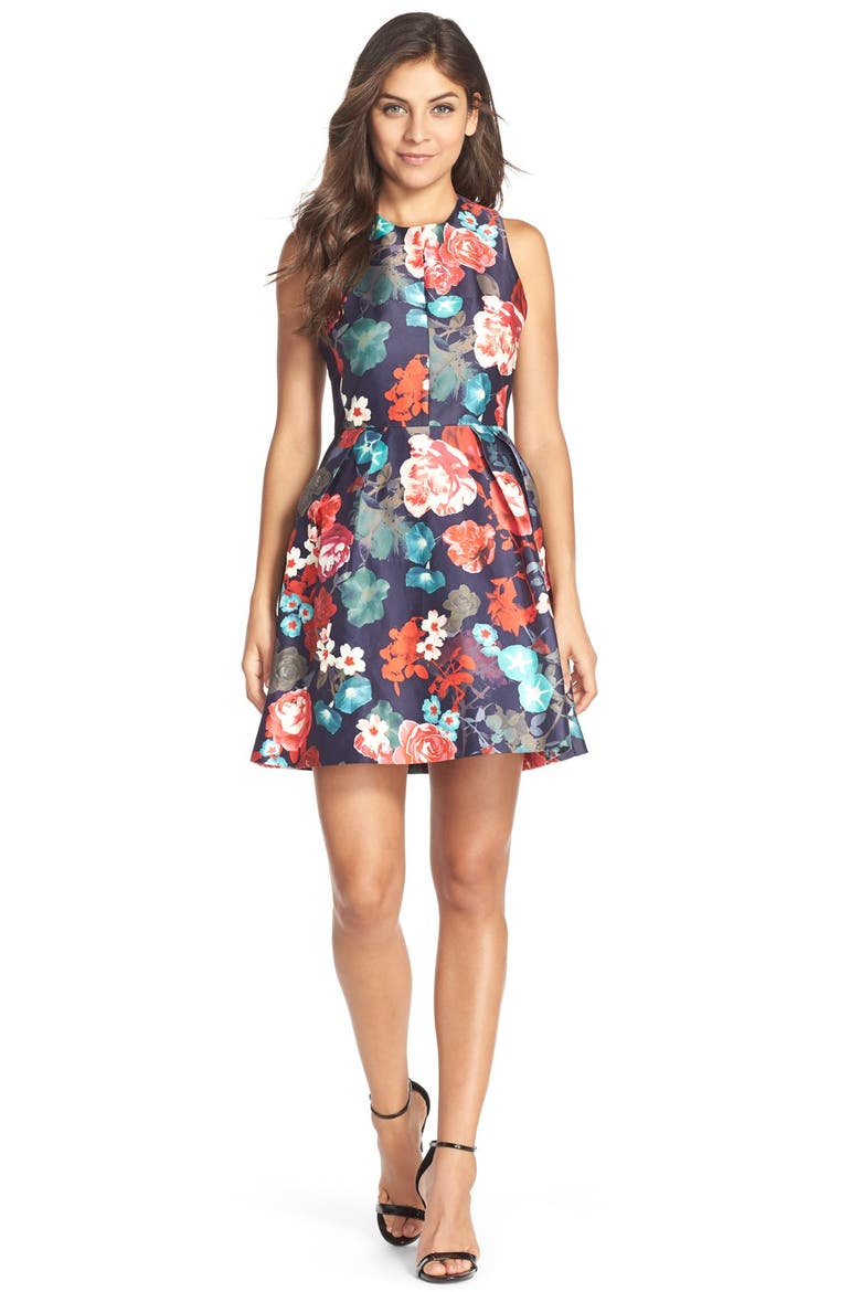Floral Print Woven Fit & Flare Dress, Alternate, color, MULTI
