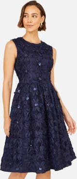 Yumi Sequin Floral Applique Skater Dress