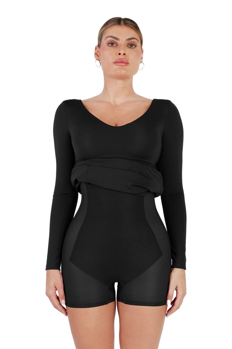 Shapewear Long Sleeve V-Neck Low Back Slimming Maxi Dress, Alternate, color, Classic Black