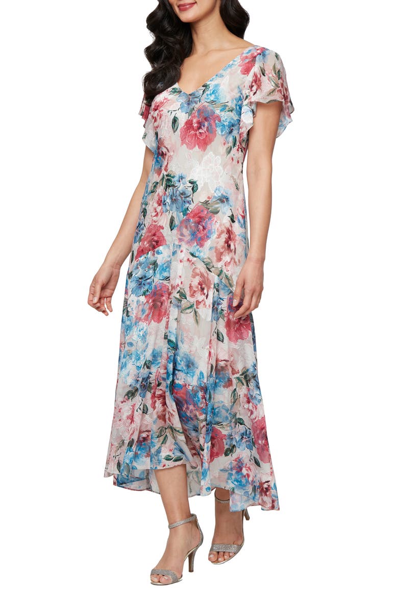 Floral Burnout Chiffon Cocktail Dress, Main, color, TAUPE MULTI